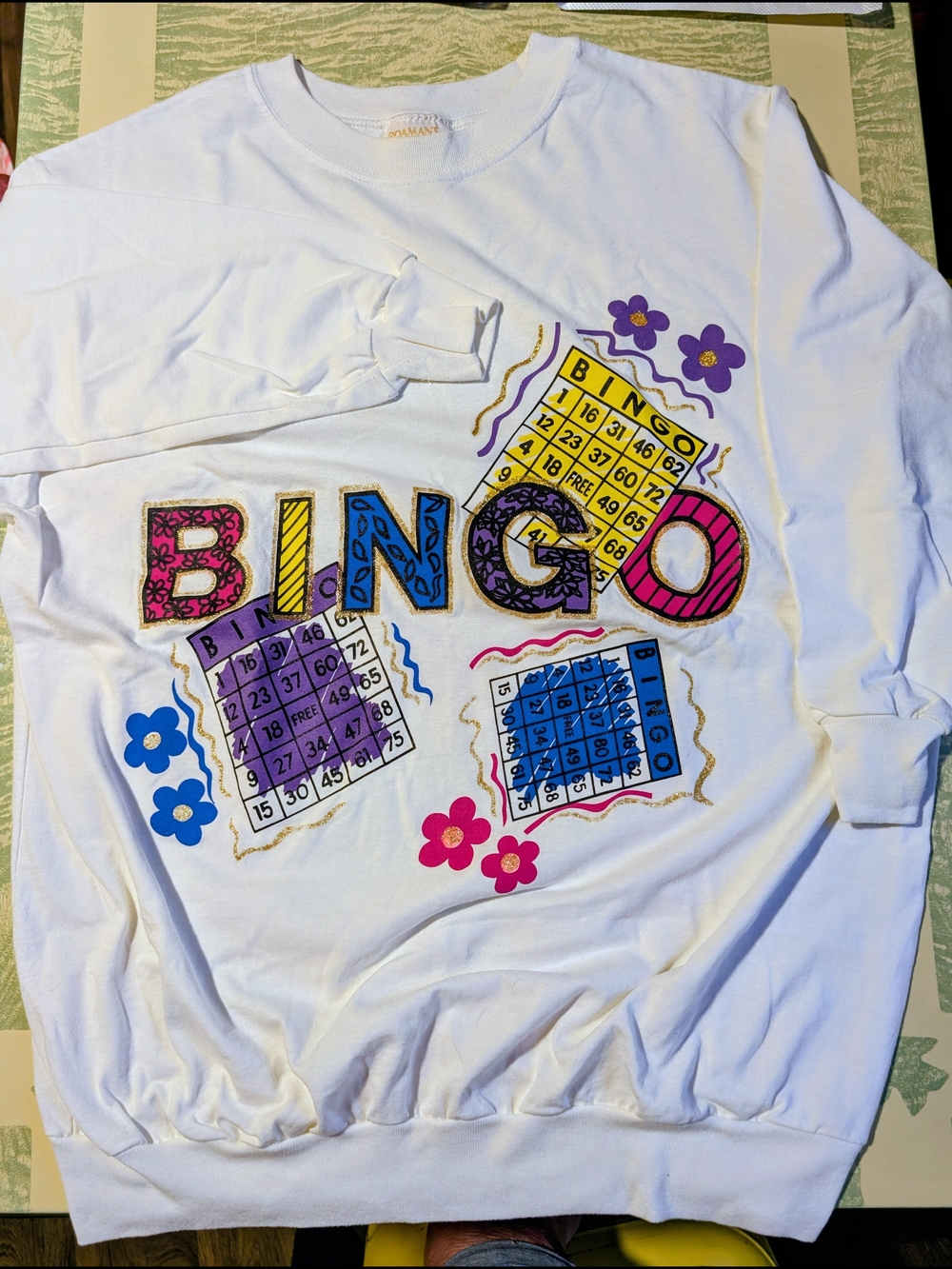 White Bingo Graphic Sweatshirt with Colorful Game Cards